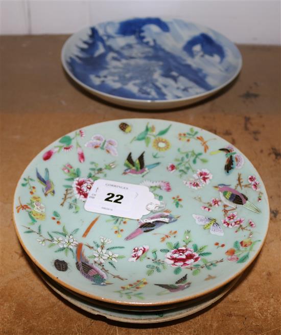 Chinese blue and white dish and three Canton famille rose celadon ground plates, 19th century